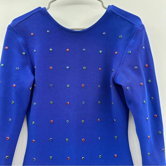 Vintage Tadashi 80s Blue Jeweled Bling Bodycon Sheath Knit Knee Length Dress - Picture 2 of 15